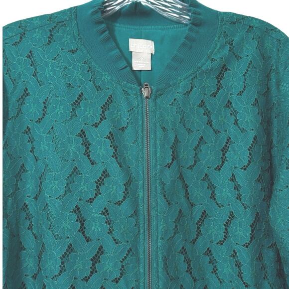 Chico’s Women’s Lace Full Zip Bomber Type Long Sleeve Lined Bomber Jacket 2 L 12 - Picture 5 of 11